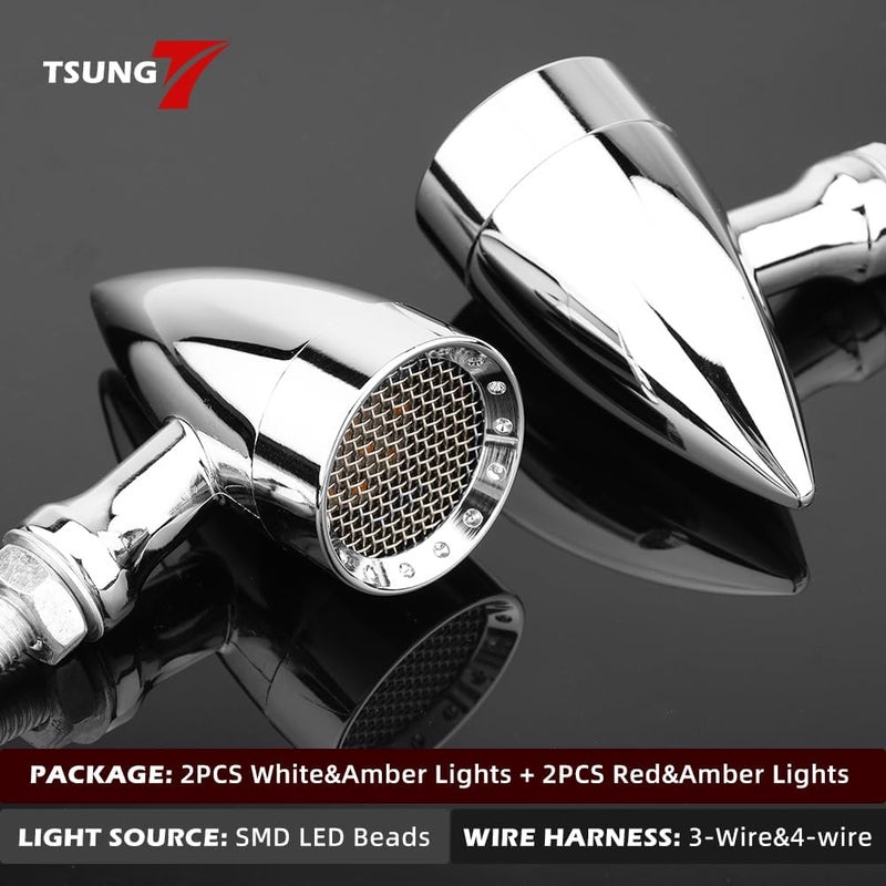 TSUNG 4PCS Motorcycle Bullet LED Front Rear Turn Signal Light SMD Blinker Indicator for Cruiser Chopper Bobber Cafe Racer Street Bike (SMD-Chrome-4PCS) - Image 2